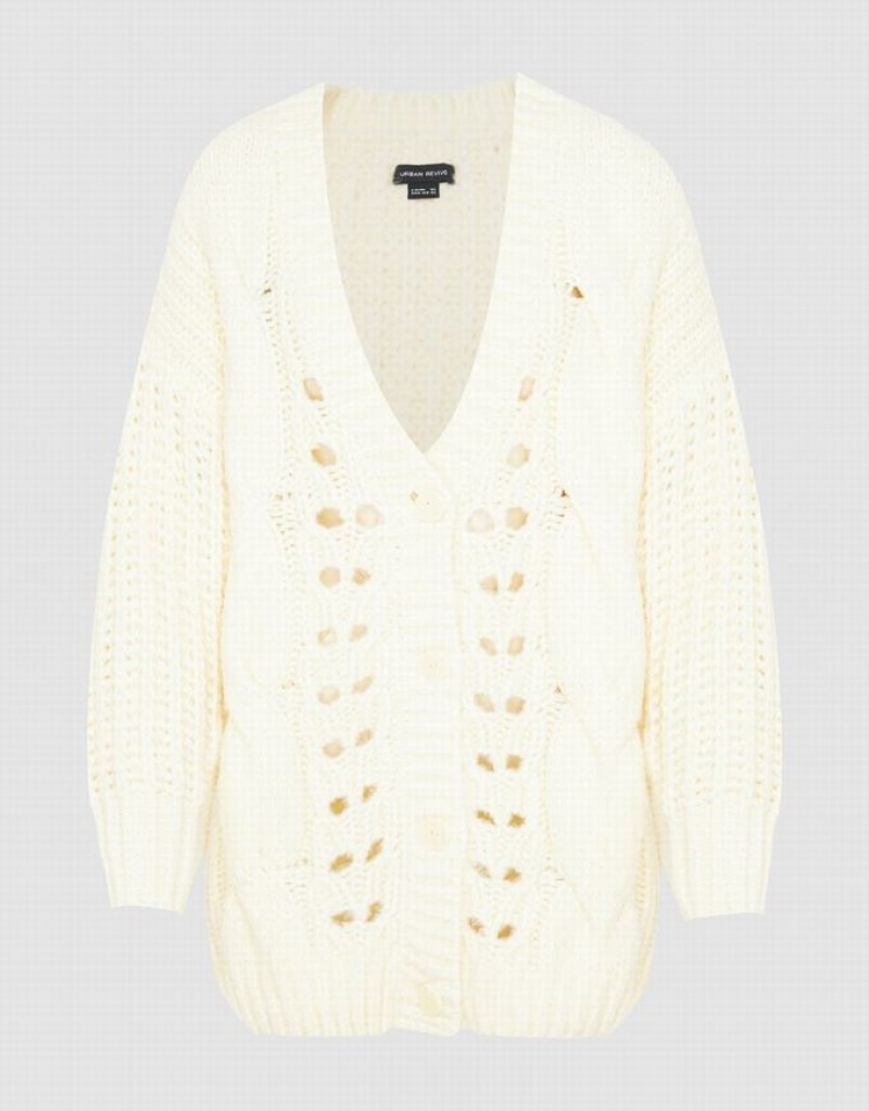 White Urban Revivo V-Neck Knitted Women's Cardigan | DERXZL-301