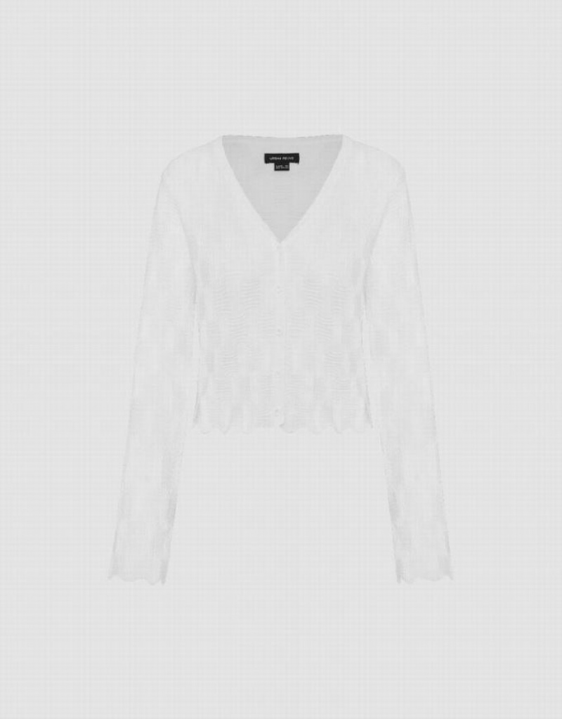 White Urban Revivo V-Neck Knitted Women's Cardigan | CRMLOY-792