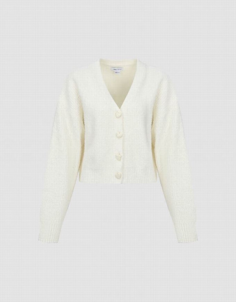 White Urban Revivo V-Neck Knitted Women's Cardigan | WKBZMA-405