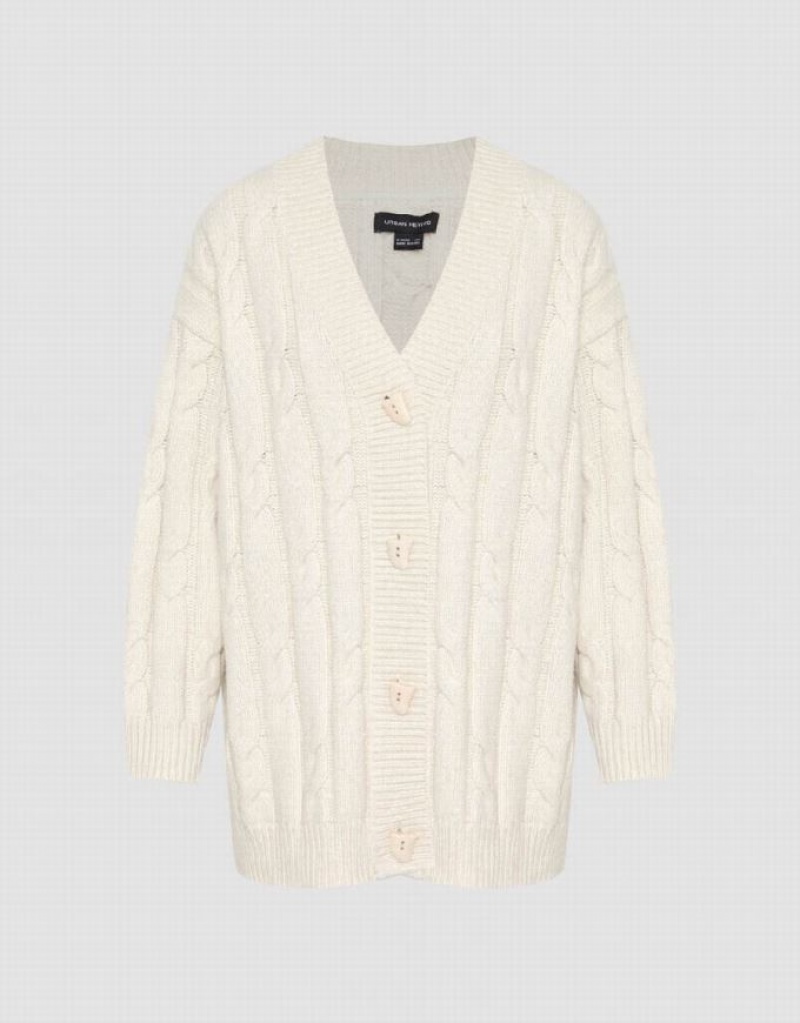 White Urban Revivo V-Neck Loose Knitted Women's Cardigan | DENAYZ-950