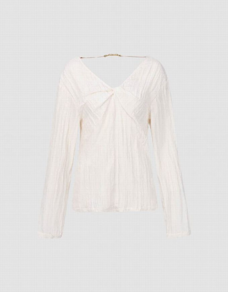 White Urban Revivo V-Neck Overhead Women's Blouse | TZIREO-372