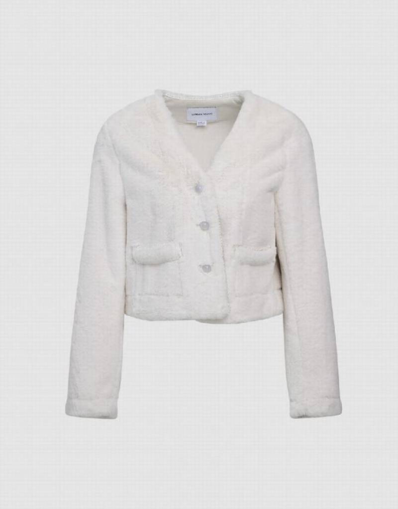 White Urban Revivo V-Neck Straight Women's Jacket | XJFPWI-219