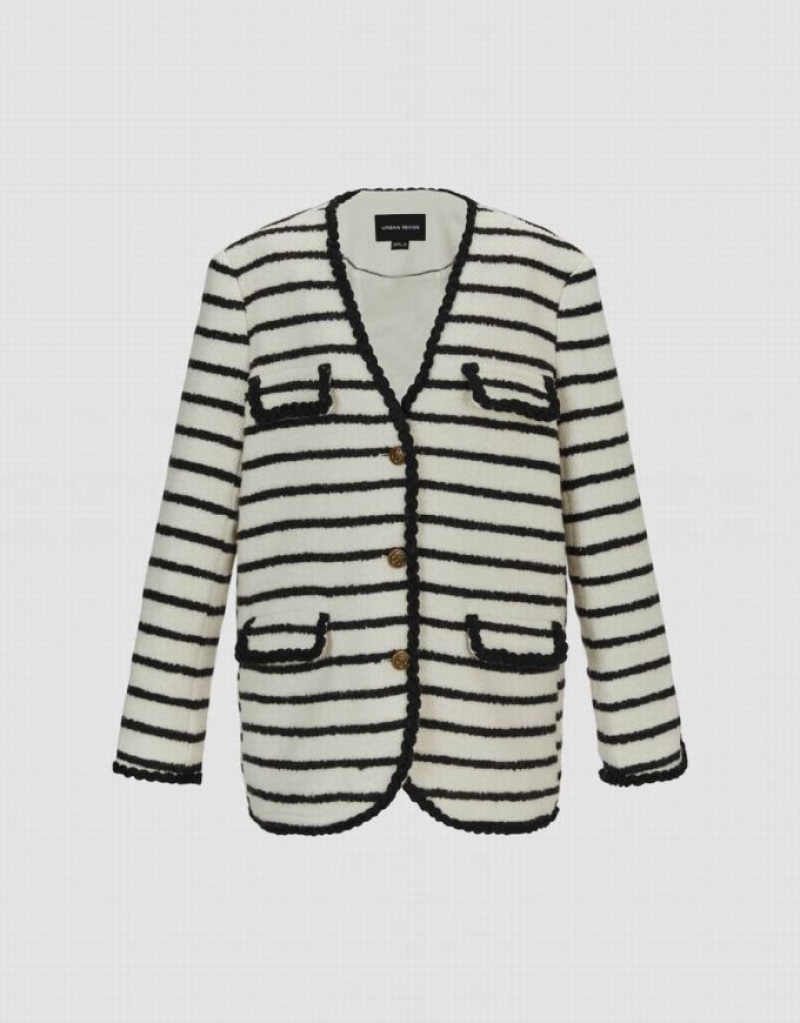 White Urban Revivo V-Neck Striped Woolen Women's Jacket | XJHWZG-258