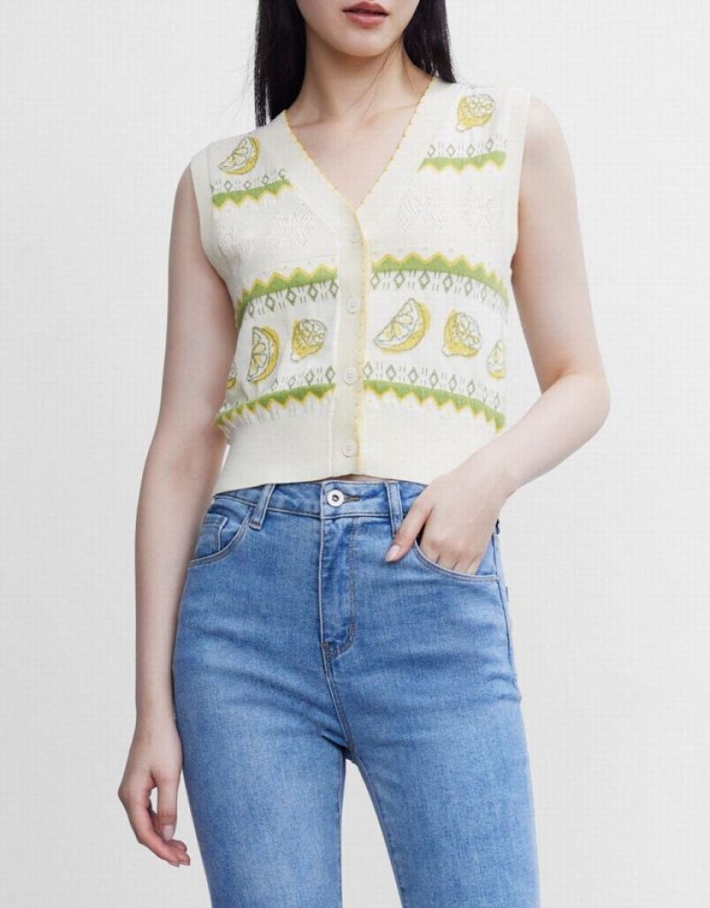 White / Green Urban Revivo Lemon Print Button Front Knitted Women's Sweater Vest | LJEGFA-284