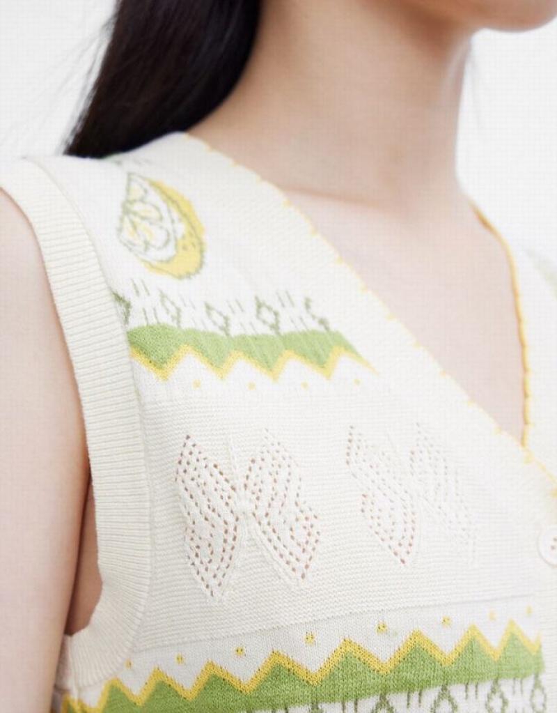 White / Green Urban Revivo Lemon Print Button Front Knitted Women's Sweater Vest | LJEGFA-284