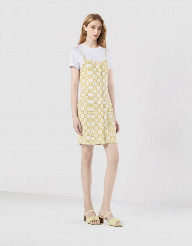 Yellow Urban Revivo 2 In 1 Checkered Floral Women's Denim Dress | DNAWVU-758