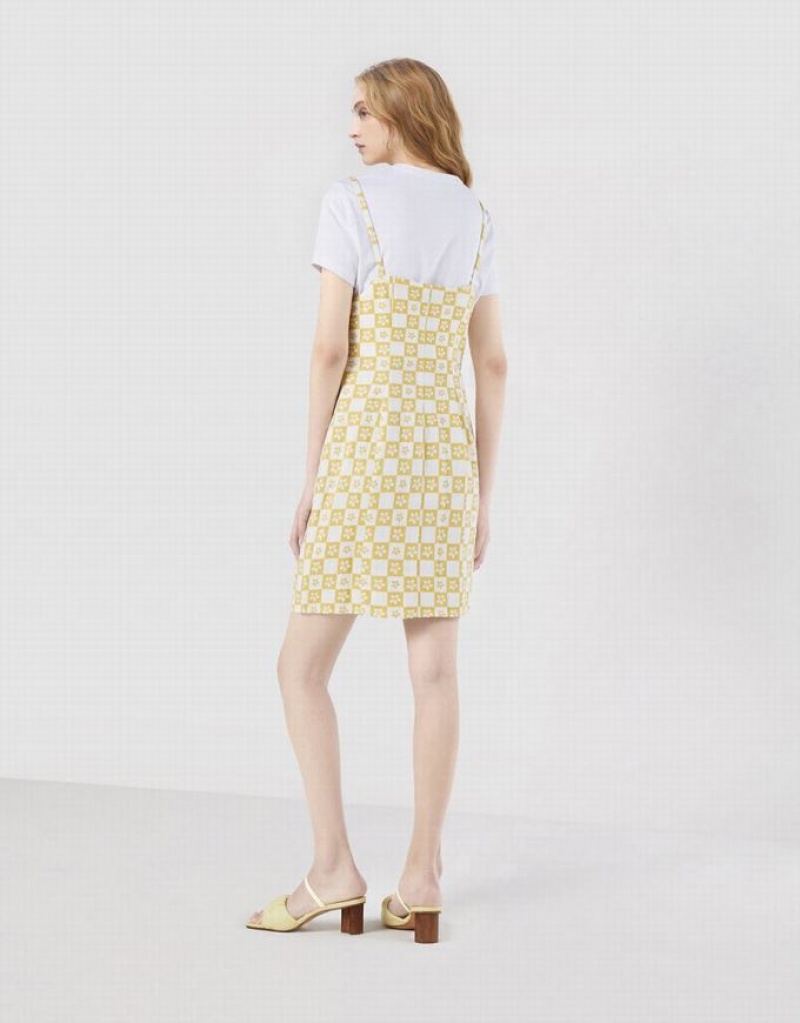 Yellow Urban Revivo 2 In 1 Checkered Floral Women's Denim Dress | DNAWVU-758