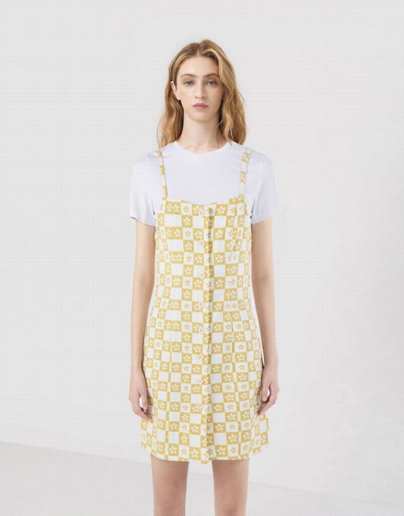 Yellow Urban Revivo 2 In 1 Checkered Floral Women's Denim Dress | DNAWVU-758