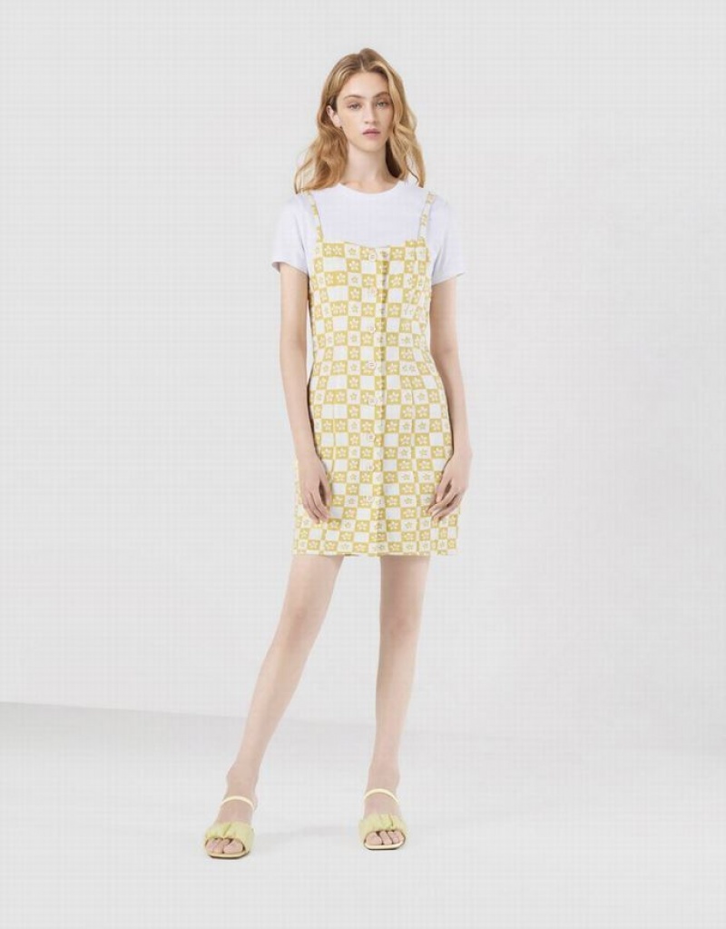 Yellow Urban Revivo 2 In 1 Checkered Floral Women\'s Denim Dress | DNAWVU-758