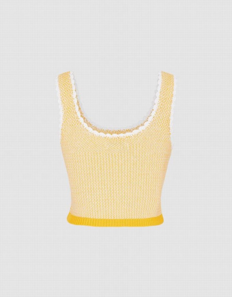 Yellow Urban Revivo Contrast Trim Half Button Knitted Women's Tank Top | PEZUVS-963