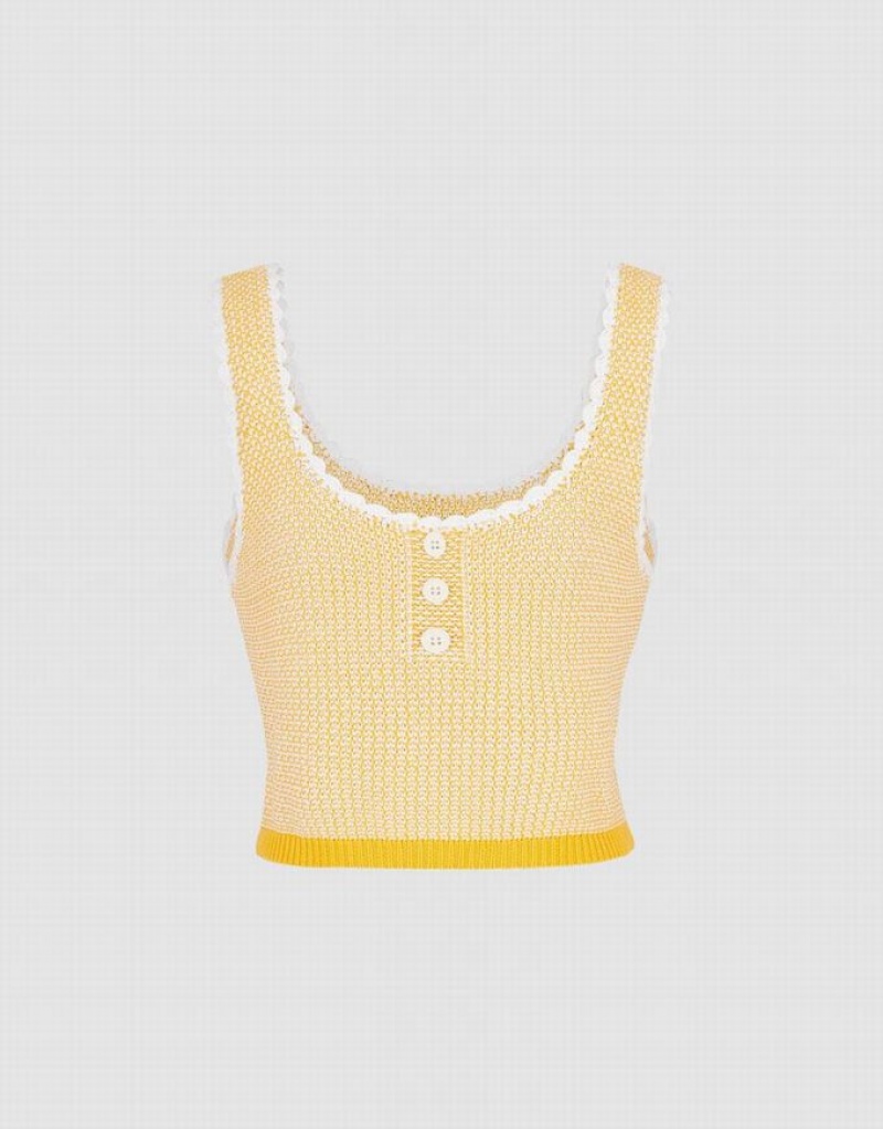 Yellow Urban Revivo Contrast Trim Half Button Knitted Women\'s Tank Top | PEZUVS-963