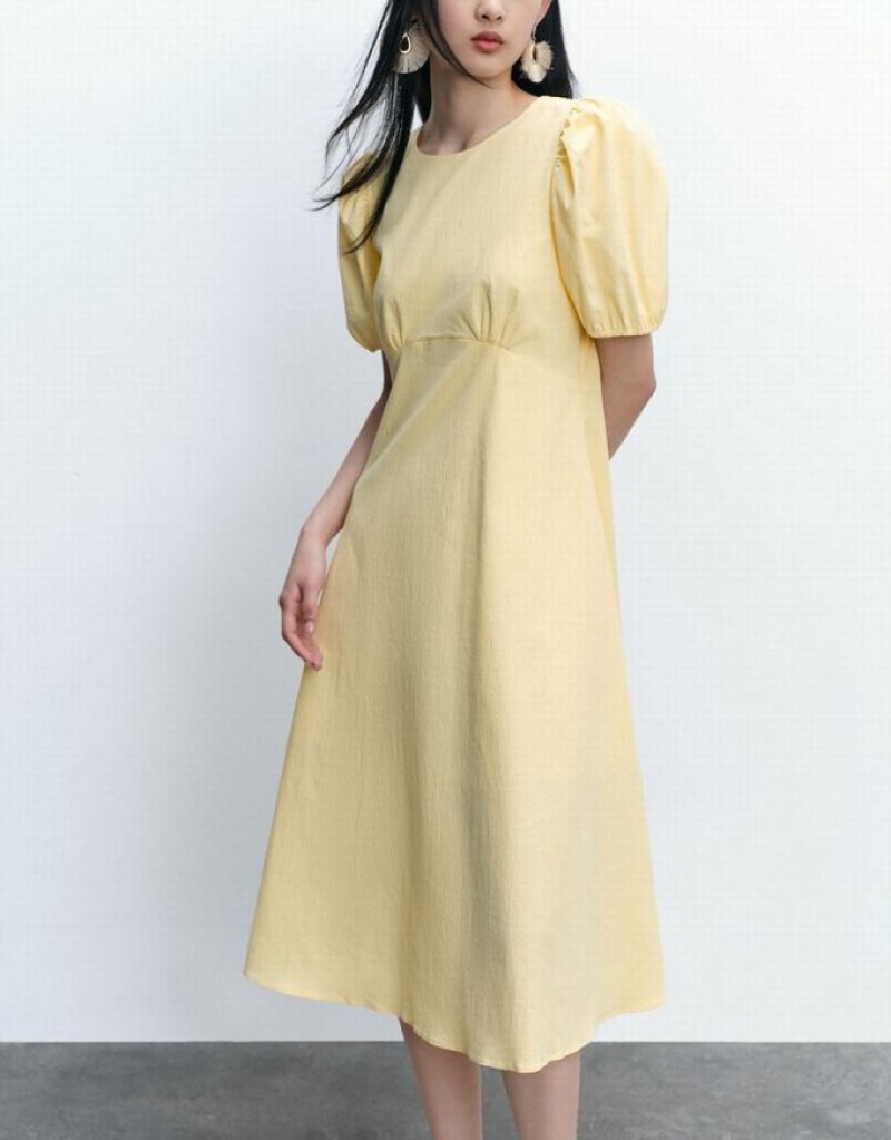 Yellow Urban Revivo Crew Neck Midi Skater Women's Short Dress | IQHTLF-501