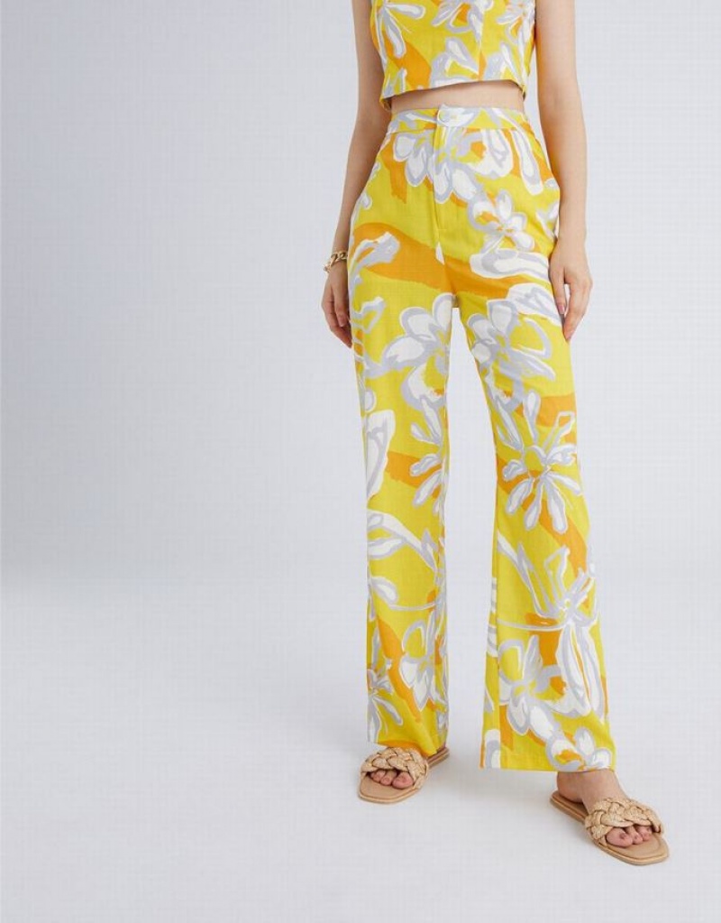 Yellow Urban Revivo Floral Jacquard Wide Leg Women's Pants | VIXNDC-140