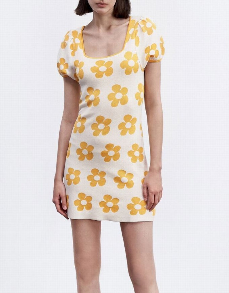 Yellow Urban Revivo Floral Pattern Puff Sleeve Women's Knitted Dress | KNLJAH-537