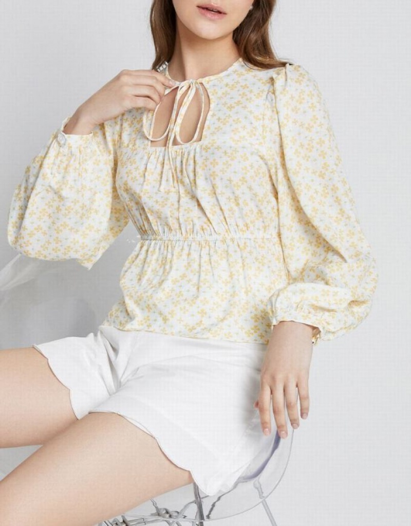 Yellow Urban Revivo Floral Print Cut Out Women's Blouse | ADBQRO-745