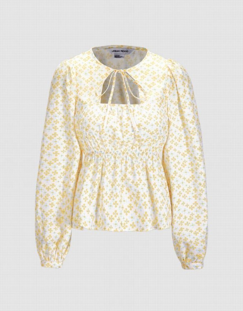 Yellow Urban Revivo Floral Print Cut Out Women\'s Blouse | ADBQRO-745