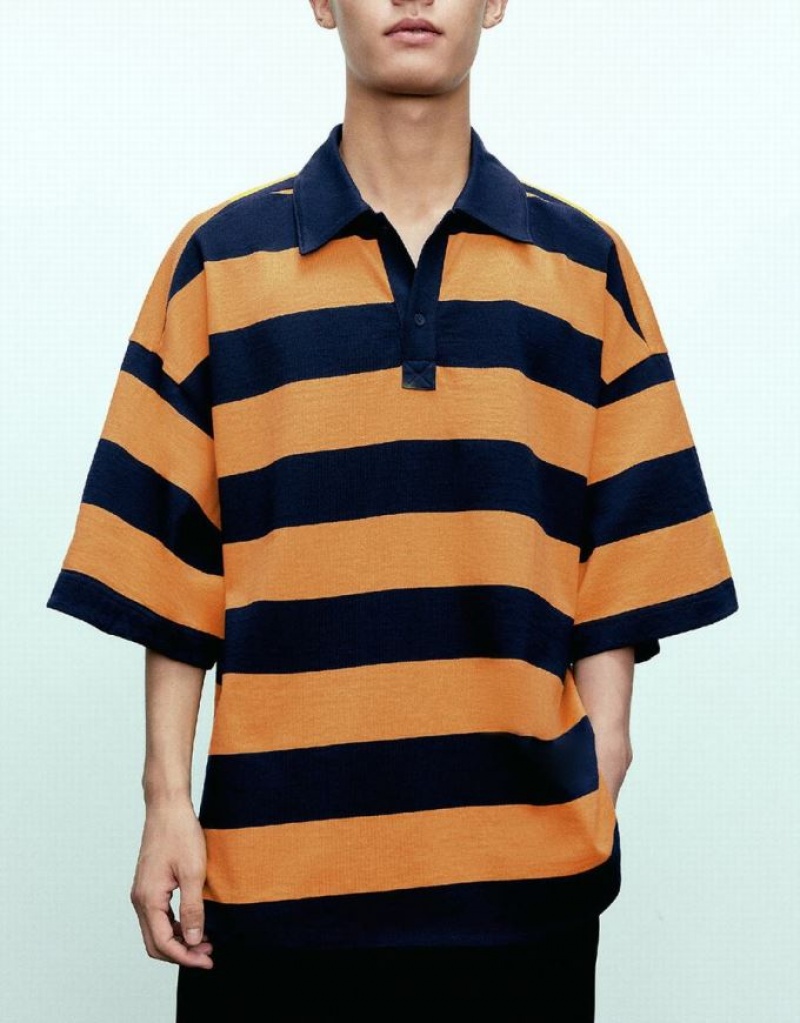 Yellow Urban Revivo Oversized Striped Men's Polo Shirts | FURKDB-105