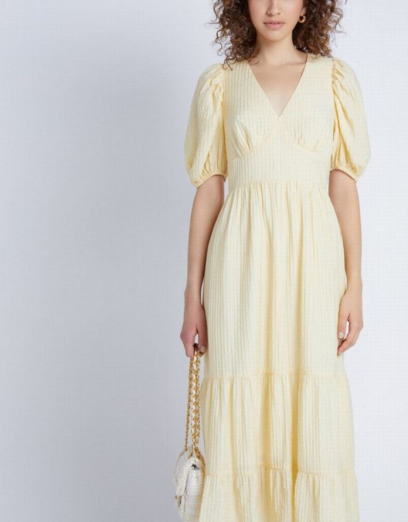 Yellow Urban Revivo Puff Sleeve Tiered Midi Women's Midi Dress | PODVSY-847