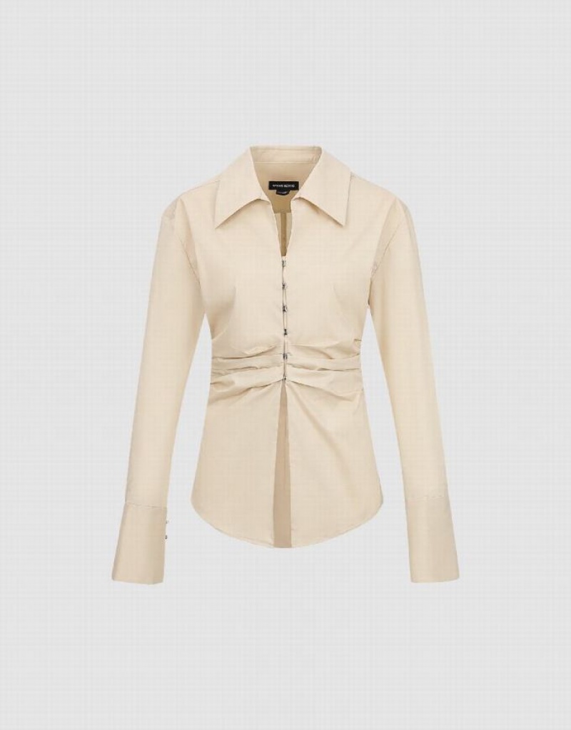 Yellow Urban Revivo Ruched Lapel Skater Women's Shirts | DNOYJT-927