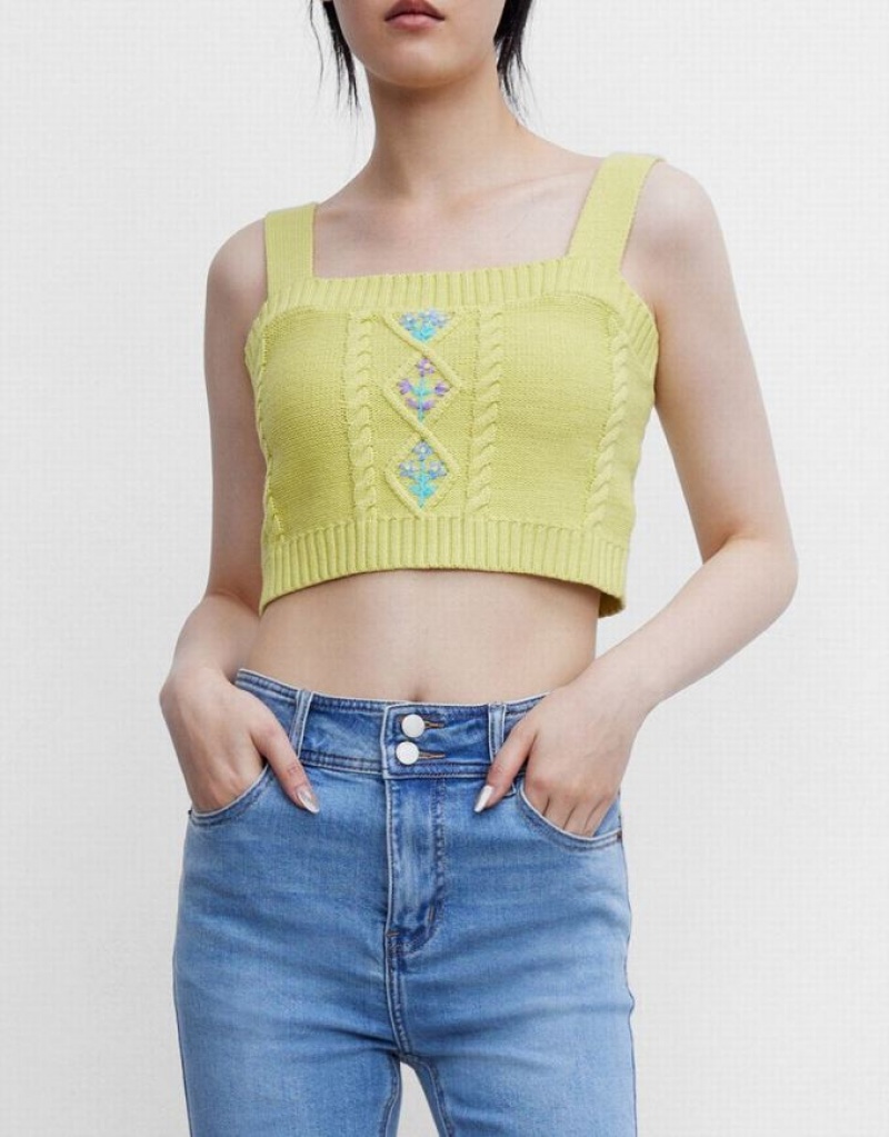 Yellow Urban Revivo Square Neck Knitted Sleeveless Women's Tank Top | CGJLVZ-257