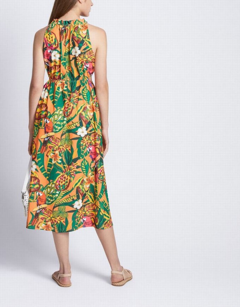 Yellow Urban Revivo Tropical Print Cut Out Sleeveless Midi Sun Women's Midi Dress | HZEJND-263