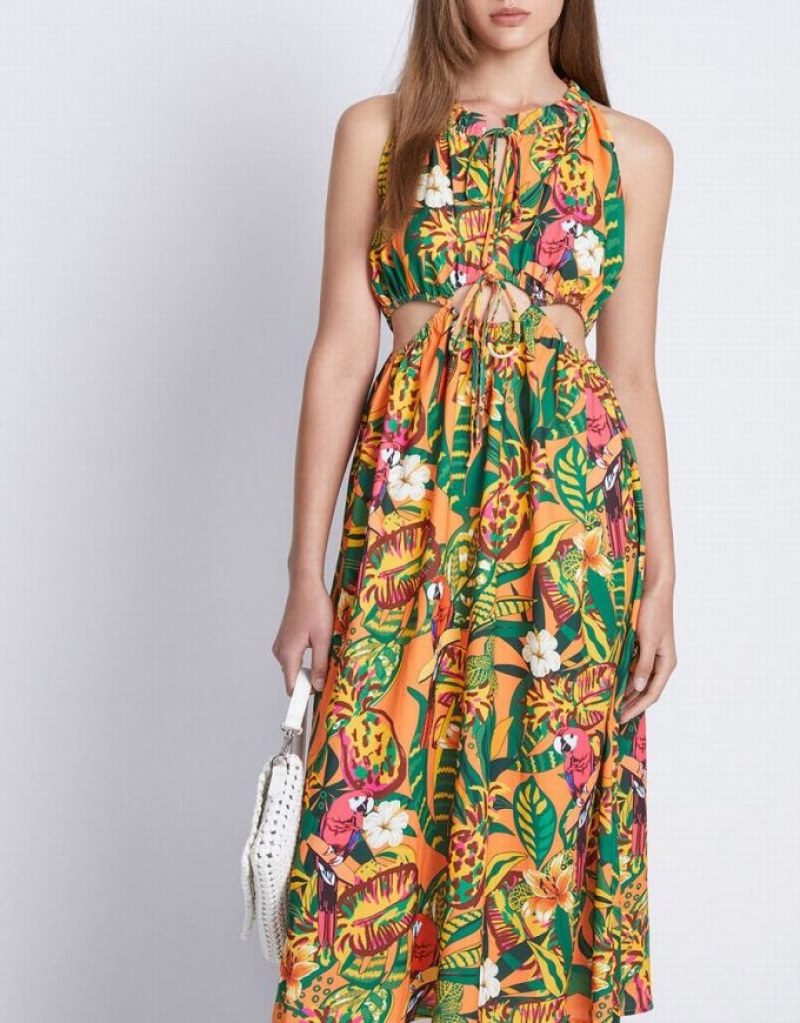 Yellow Urban Revivo Tropical Print Cut Out Sleeveless Midi Sun Women's Midi Dress | HZEJND-263