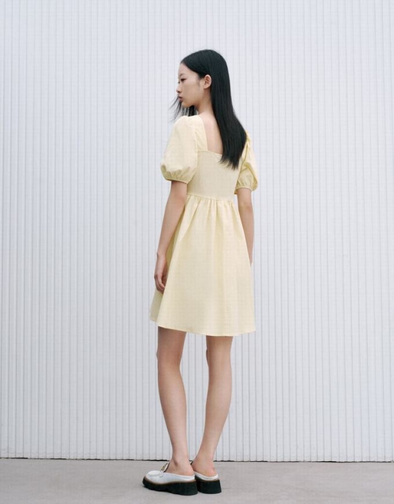 Yellow Urban Revivo V-Neck A-Line Women's Dress | AMWNVP-018